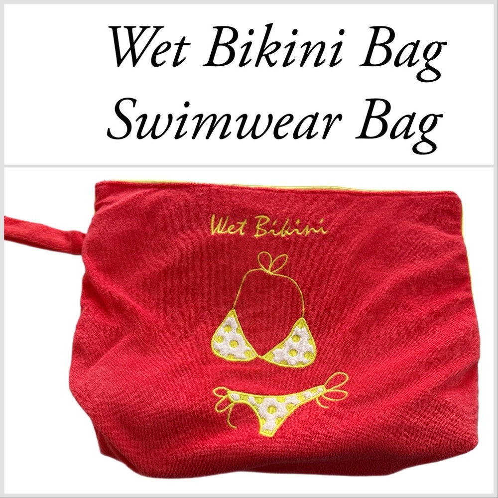 Red orange Wet Bikini bag Swimwear Bag  Terrycloth outer Lined beach clutch EUC